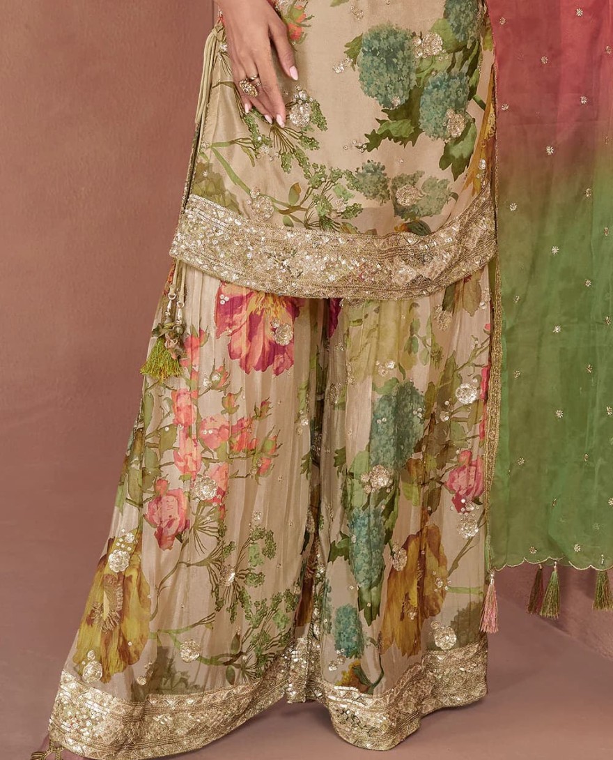 5296 - Beige Brown Floral Printed Georgette Plazzo Suit with Sequence work : Top Pick